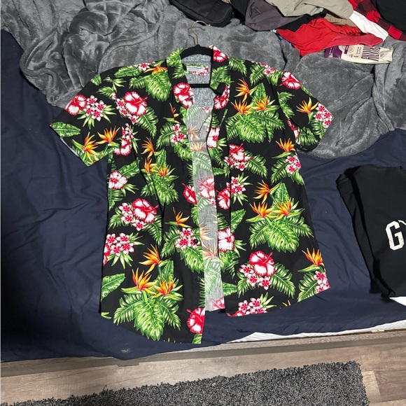 Tropical Floral Button-Down Shirt - Black, Green, Red - Picture 1 of 1
